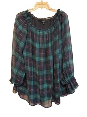 Talbots Plus Green Plaid Sheer Peasant Blouse Ruffle Sleeve 2X
